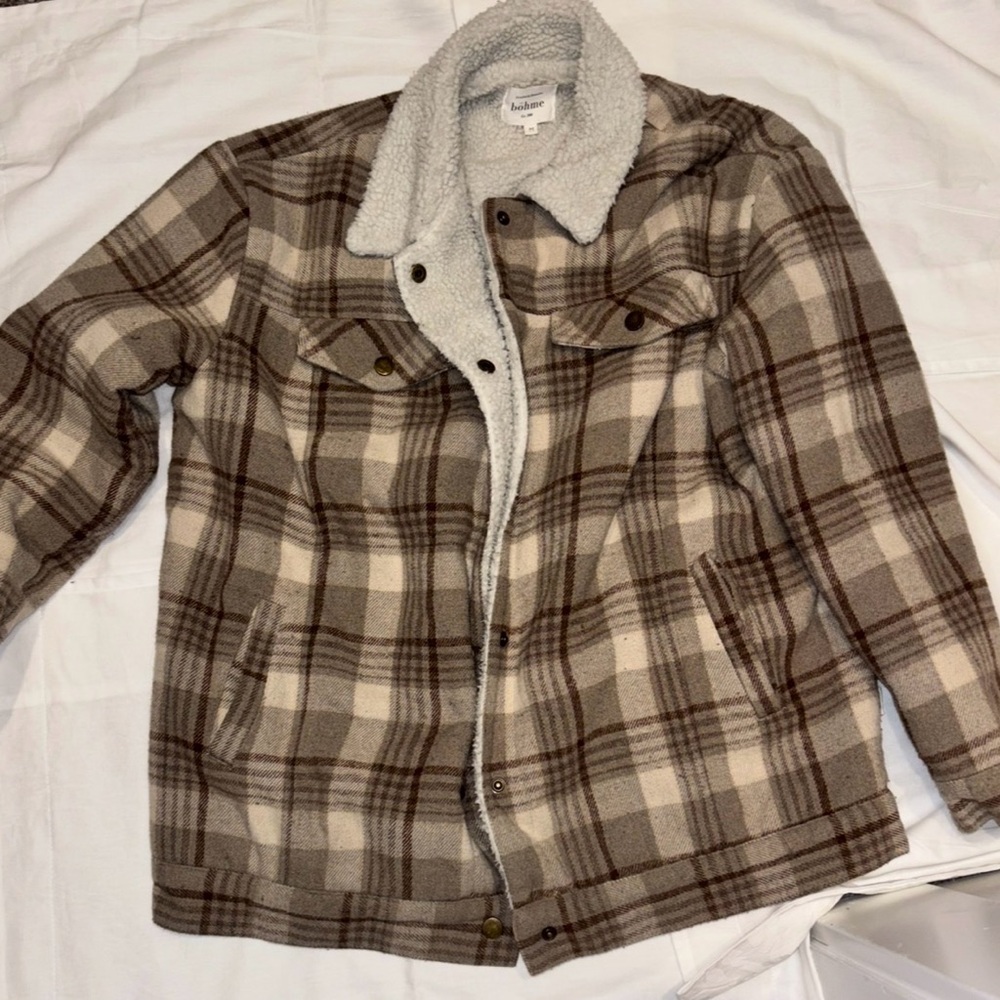 Bohme Plaid Jacket with Sherpa Lining - Brown and Cream